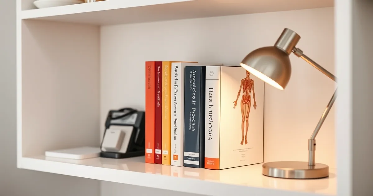 Estante de consultório com livros de referência e luminária, em tons neutros