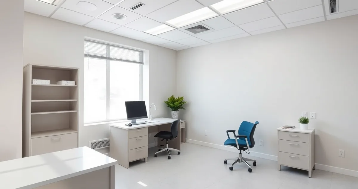 Consultório médico vazio e iluminado por luz natural, com mesa e monitor