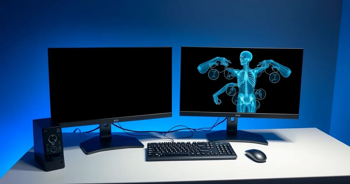 Bancada de laudos de radiologia com dois monitores desligados, em luz azulada