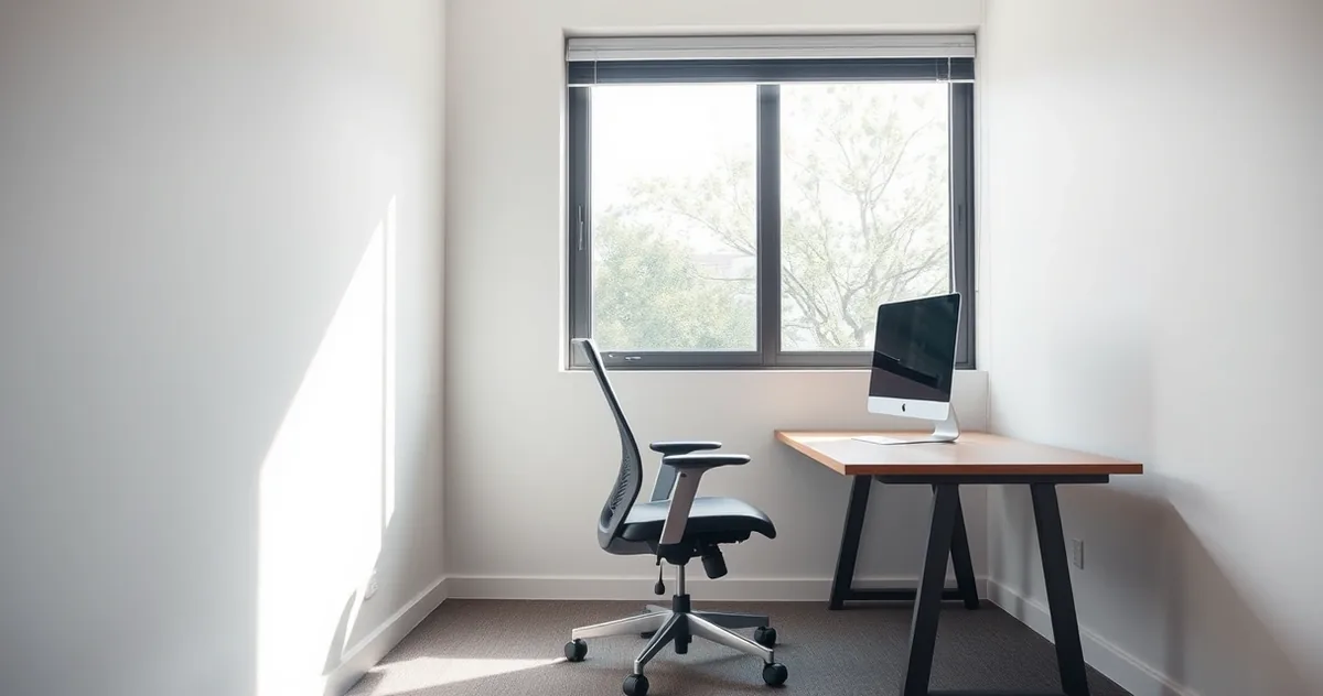 Cadeira de escritório ergonômica ao lado de mesa de madeira junto à janela