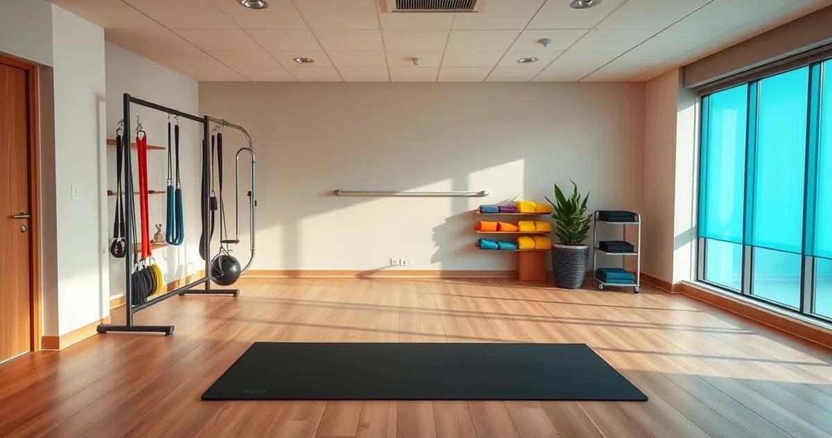 Sala de fisioterapia vazia com colchonete e faixas elásticas em suporte