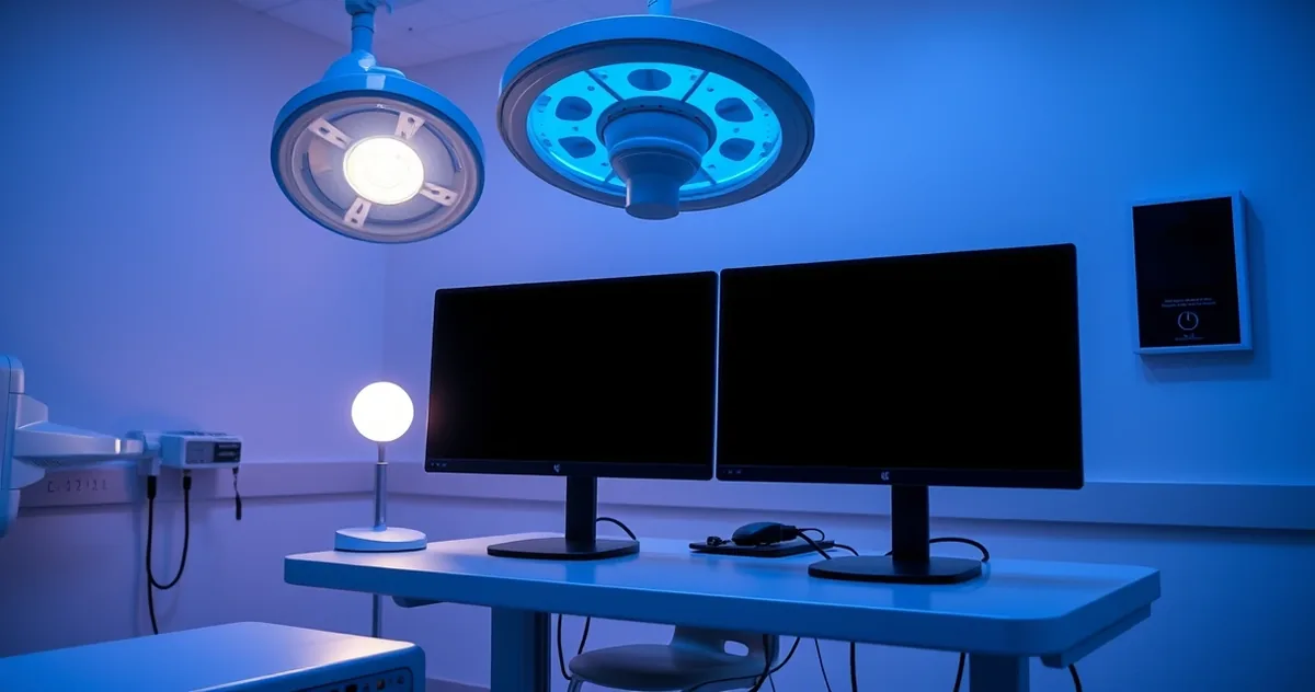 Sala de laudos de radiologia com monitores desligados e luminária, em luz azulada