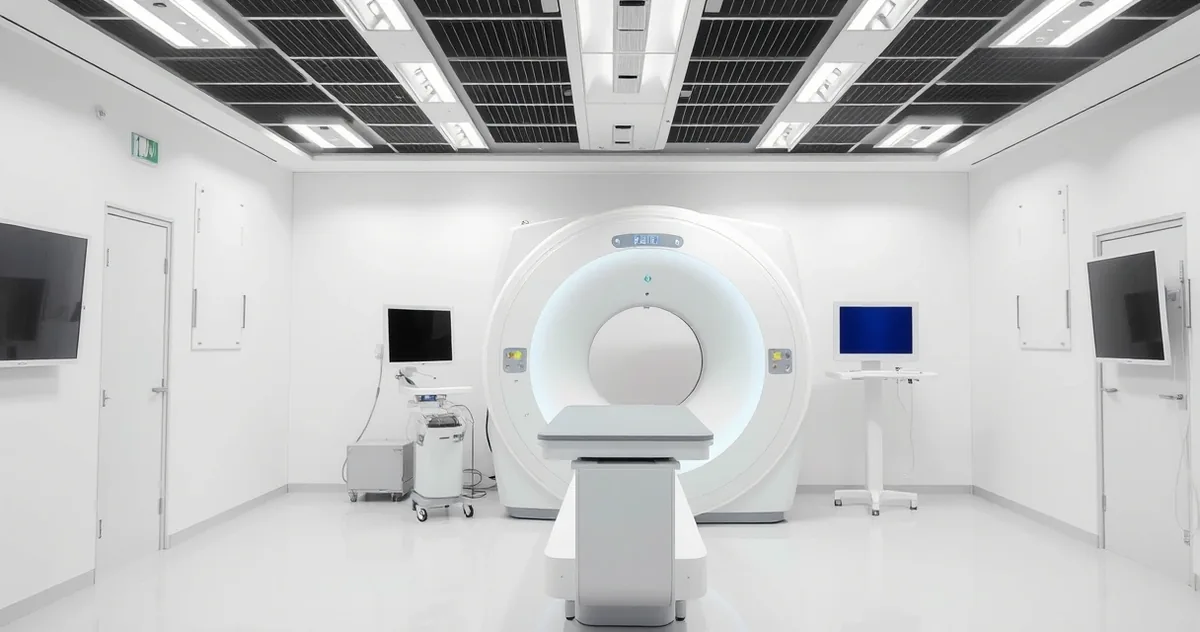 Sala de exame com equipamento de imagem moderno e monitor, ambiente claro