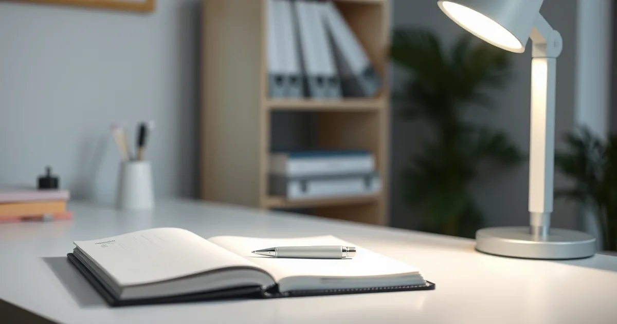 Mesa de consultório com caderno fechado, caneta e luminária em luz natural