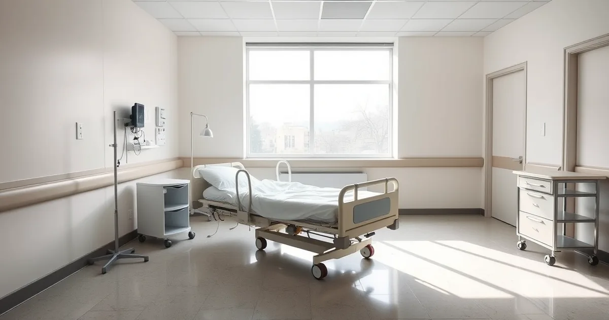 Quarto de hospital vazio com cama arrumada junto à janela pela manhã