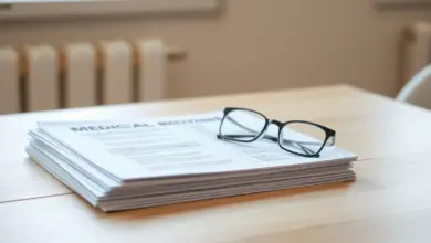 Pilha de documentos médicos e óculos sobre mesa clara de madeira