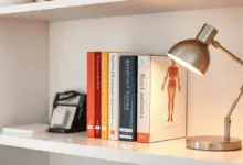 Estante de consultório com livros de referência e luminária, em tons neutros