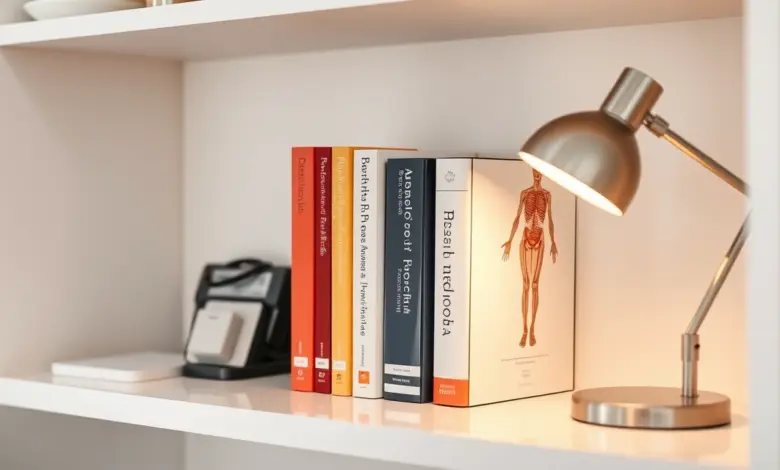 Estante de consultório com livros de referência e luminária, em tons neutros