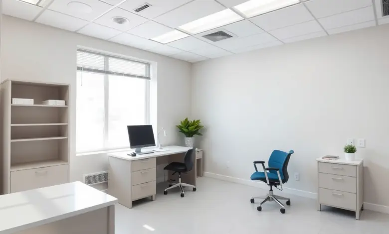 Consultório médico vazio e iluminado por luz natural, com mesa e monitor
