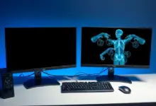 Bancada de laudos de radiologia com dois monitores desligados, em luz azulada