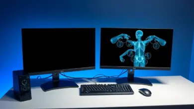 Bancada de laudos de radiologia com dois monitores desligados, em luz azulada