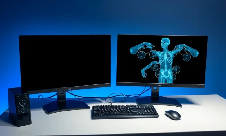 Bancada de laudos de radiologia com dois monitores desligados, em luz azulada