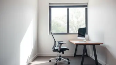 Cadeira de escritório ergonômica ao lado de mesa de madeira junto à janela
