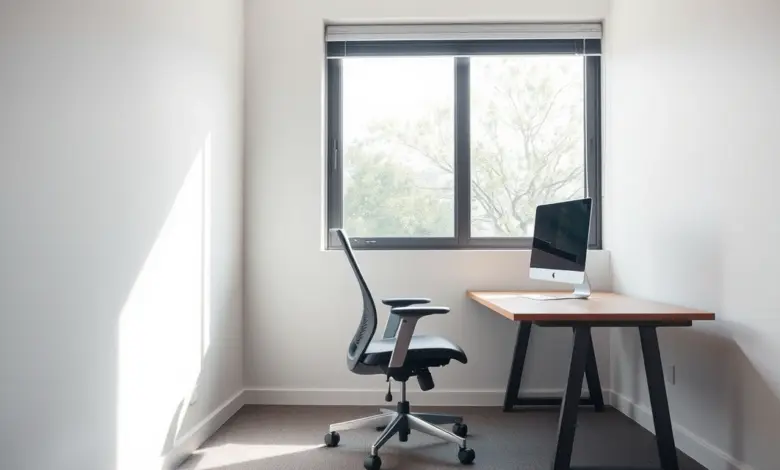 Cadeira de escritório ergonômica ao lado de mesa de madeira junto à janela