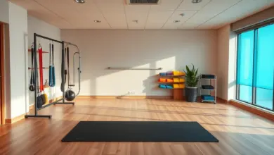 Sala de fisioterapia vazia com colchonete e faixas elásticas em suporte