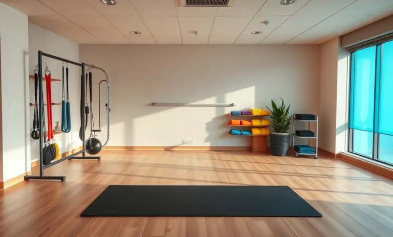 Sala de fisioterapia vazia com colchonete e faixas elásticas em suporte