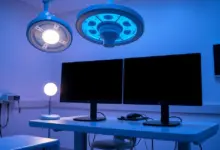 Sala de laudos de radiologia com monitores desligados e luminária, em luz azulada