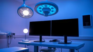 Sala de laudos de radiologia com monitores desligados e luminária, em luz azulada