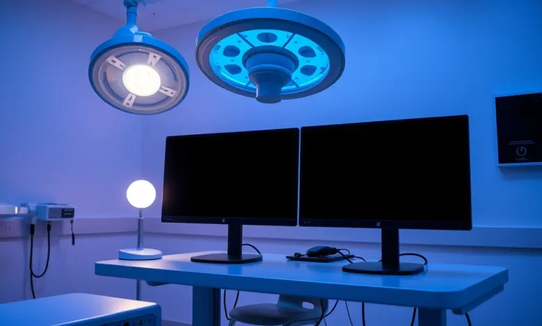 Sala de laudos de radiologia com monitores desligados e luminária, em luz azulada