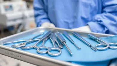 Instrumentais cirúrgicos estéreis dispostos sobre campo azul em bandeja