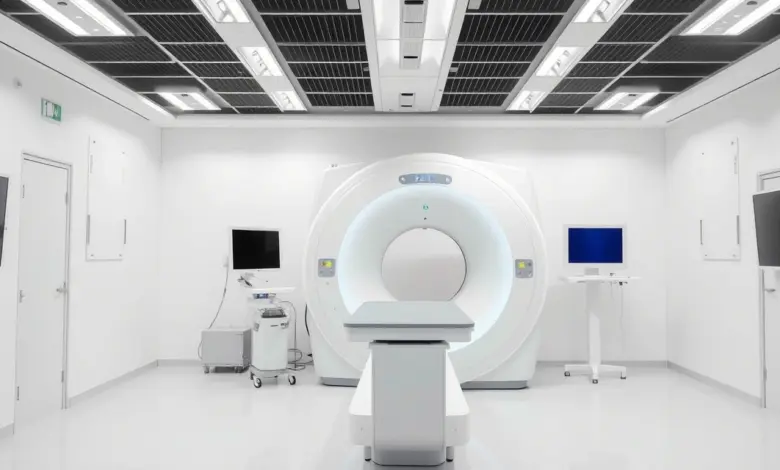 Sala de exame com equipamento de imagem moderno e monitor, ambiente claro