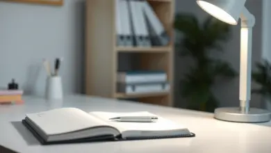 Mesa de consultório com caderno fechado, caneta e luminária em luz natural