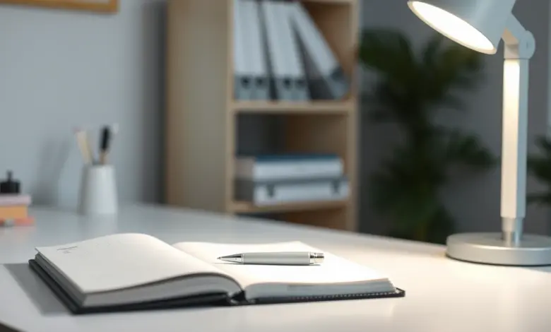 Mesa de consultório com caderno fechado, caneta e luminária em luz natural