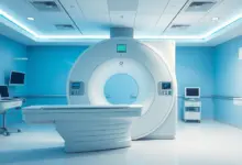 Sala de ressonância magnética vazia, com equipamento e iluminação azulada