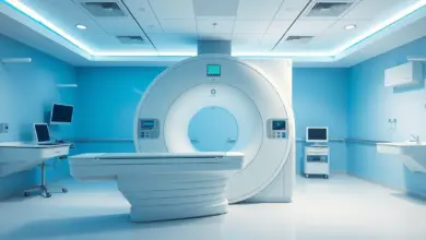 Sala de ressonância magnética vazia, com equipamento e iluminação azulada