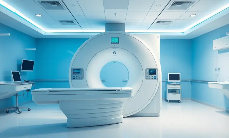 Sala de ressonância magnética vazia, com equipamento e iluminação azulada