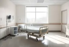 Quarto de hospital vazio com cama arrumada junto à janela pela manhã
