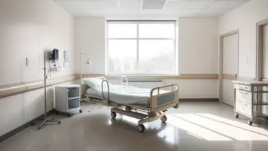 Quarto de hospital vazio com cama arrumada junto à janela pela manhã