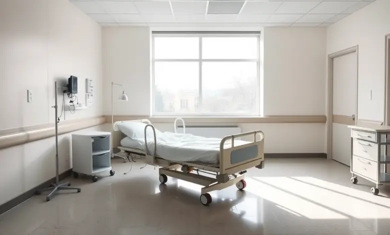 Quarto de hospital vazio com cama arrumada junto à janela pela manhã
